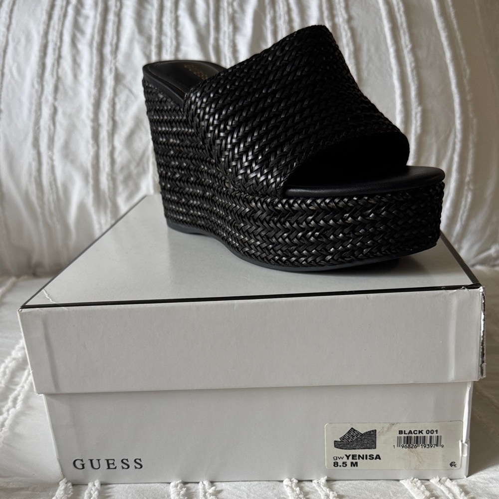 Guess Black Woven Wedge Mules